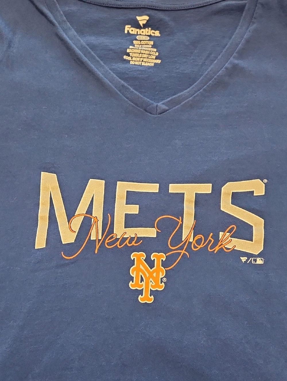 Fanatics Navy Blue New York Mets V-Neck Tee with Orange and Gold Logo